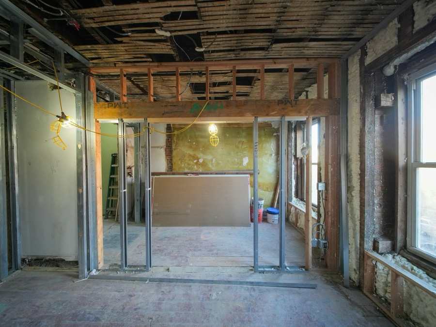 Metal stud partition framing inside a building under renovation